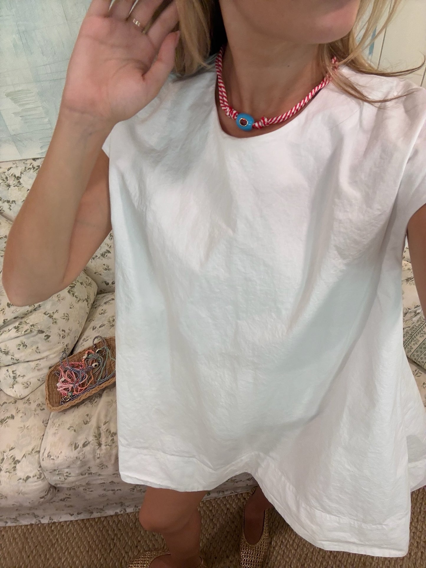 Red stripe cord necklace with blue stone game day