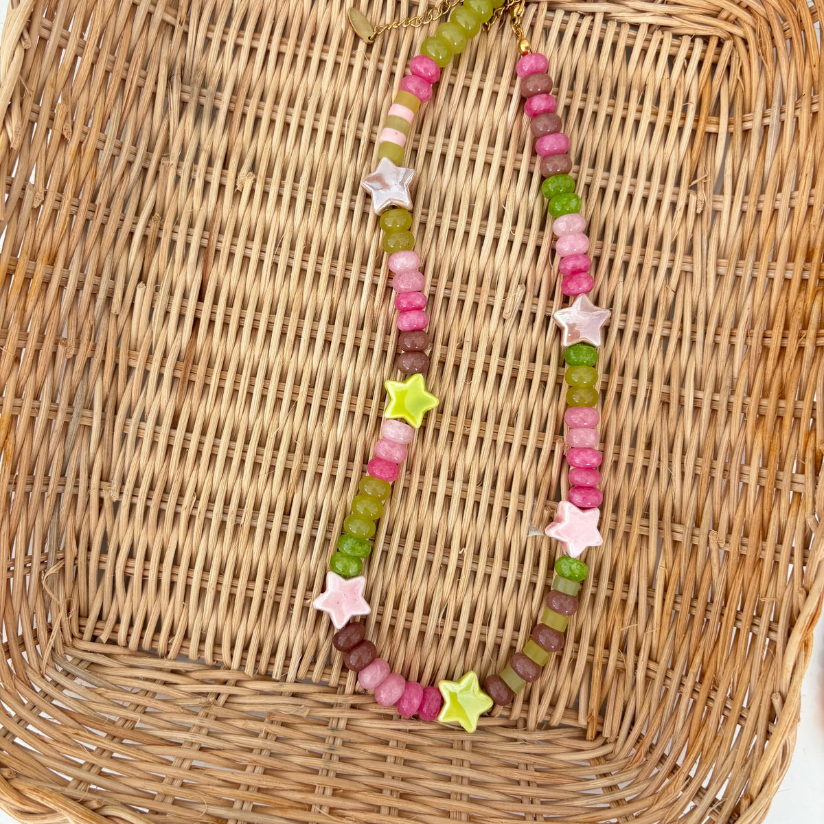The Celly star necklace - brown chartreuse and pink stones