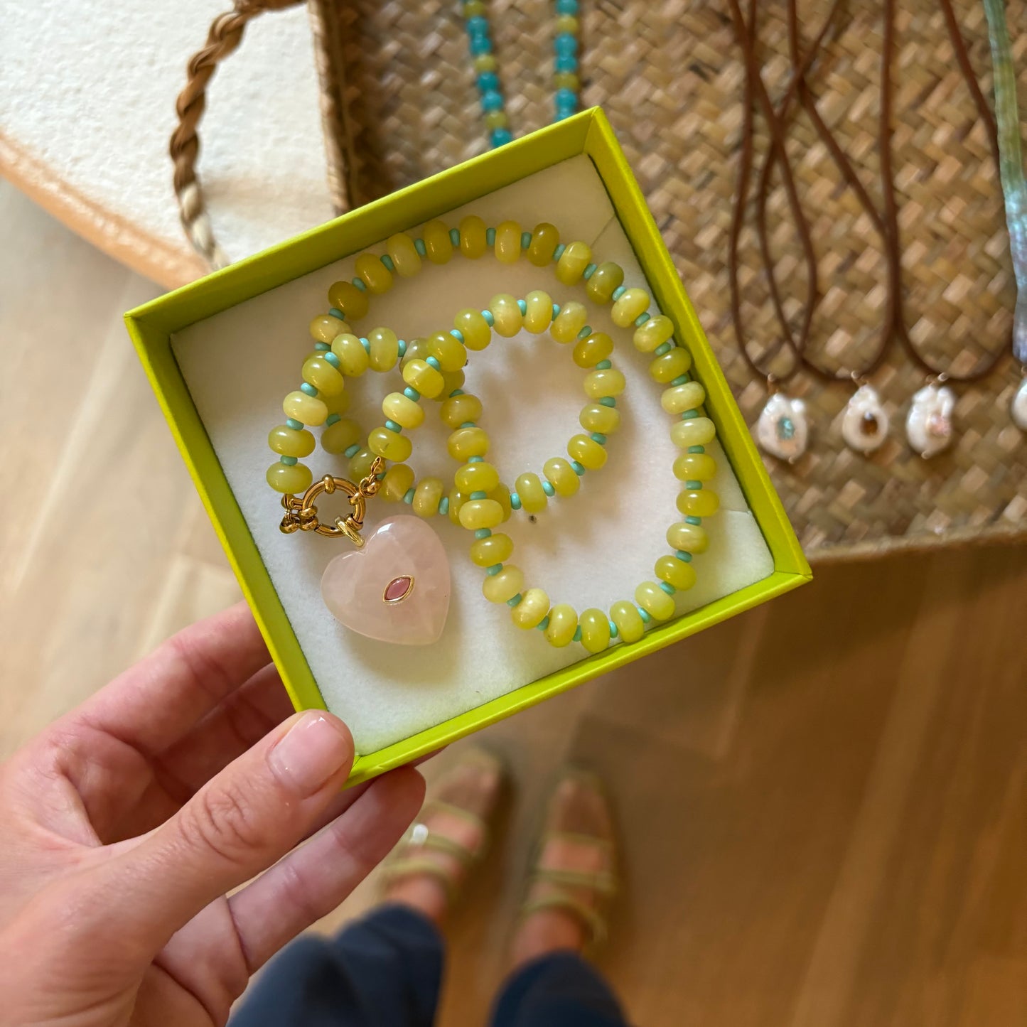 Chartreuse stone necklace with pink heart charm