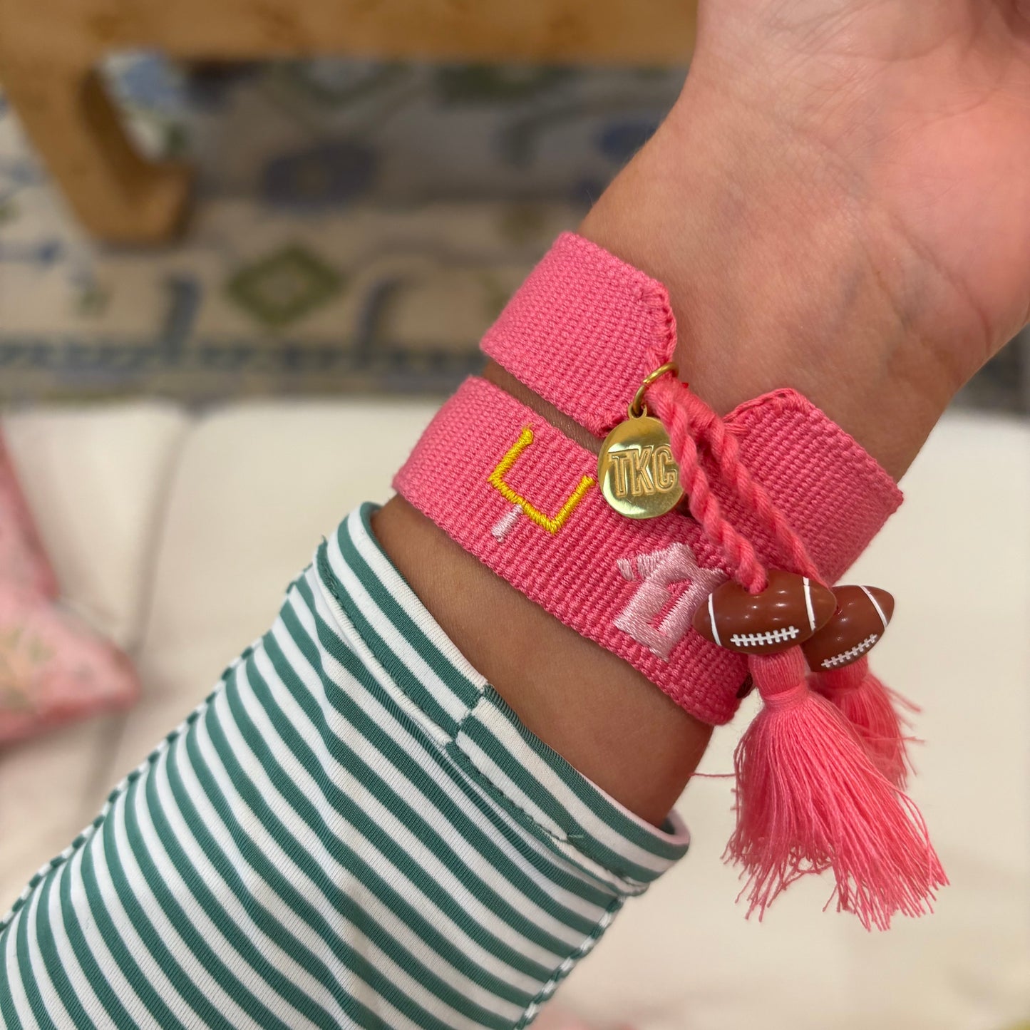 Game day charm embroidered tassel bracelet with football charms