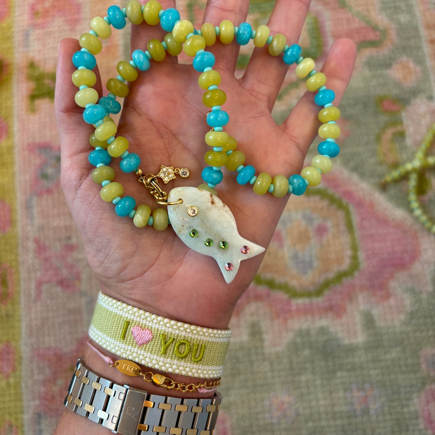 fancy fish # 2 chartreuse and blue beaded necklace
