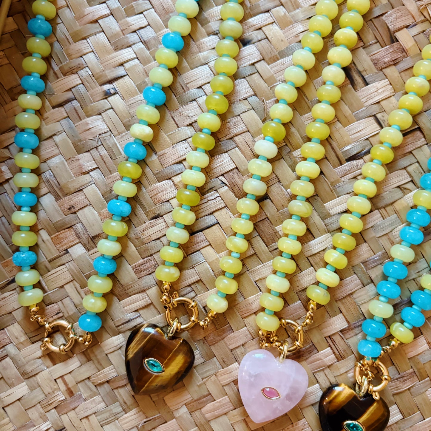 Chartreuse stone necklace with pink heart charm