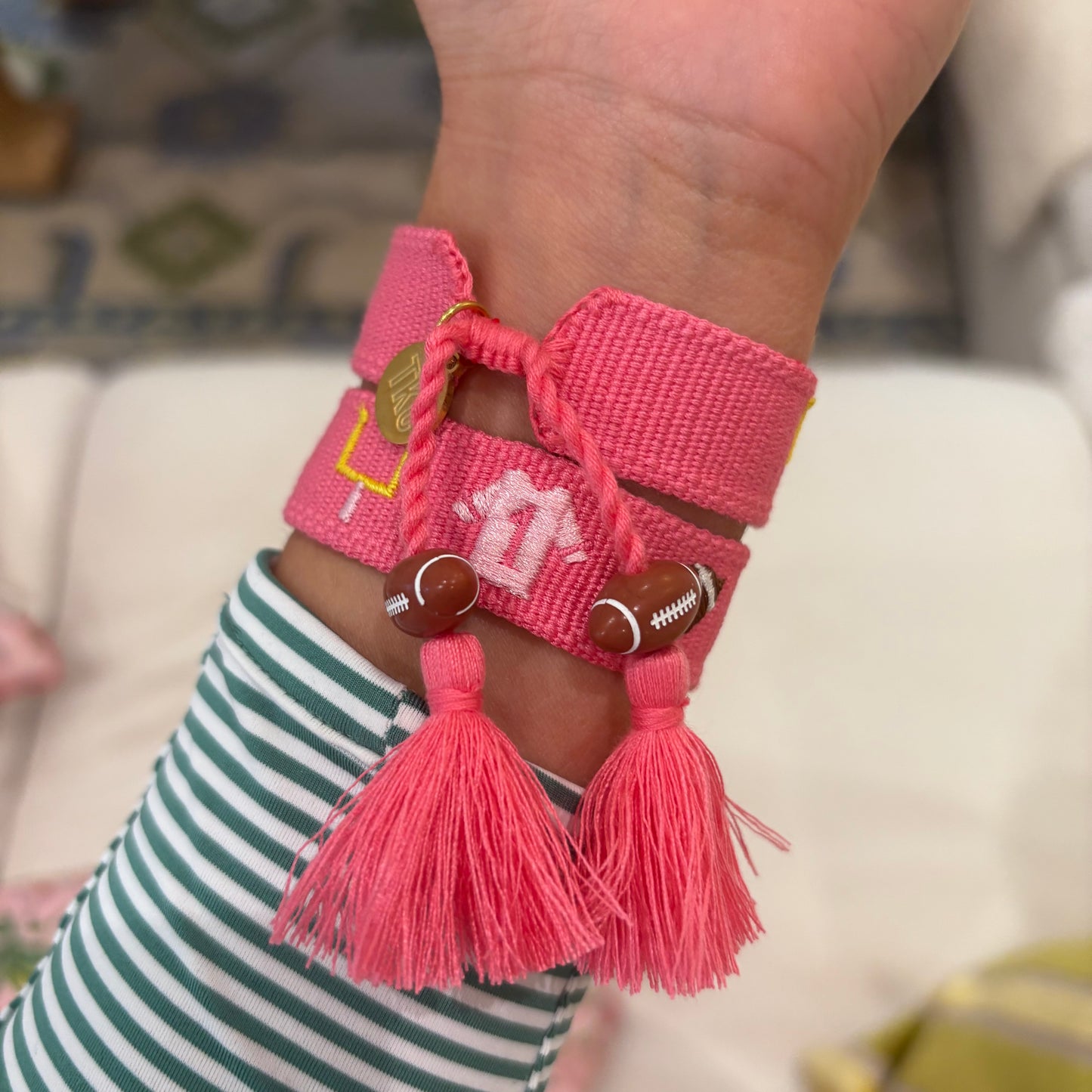 Game day charm embroidered tassel bracelet with football charms