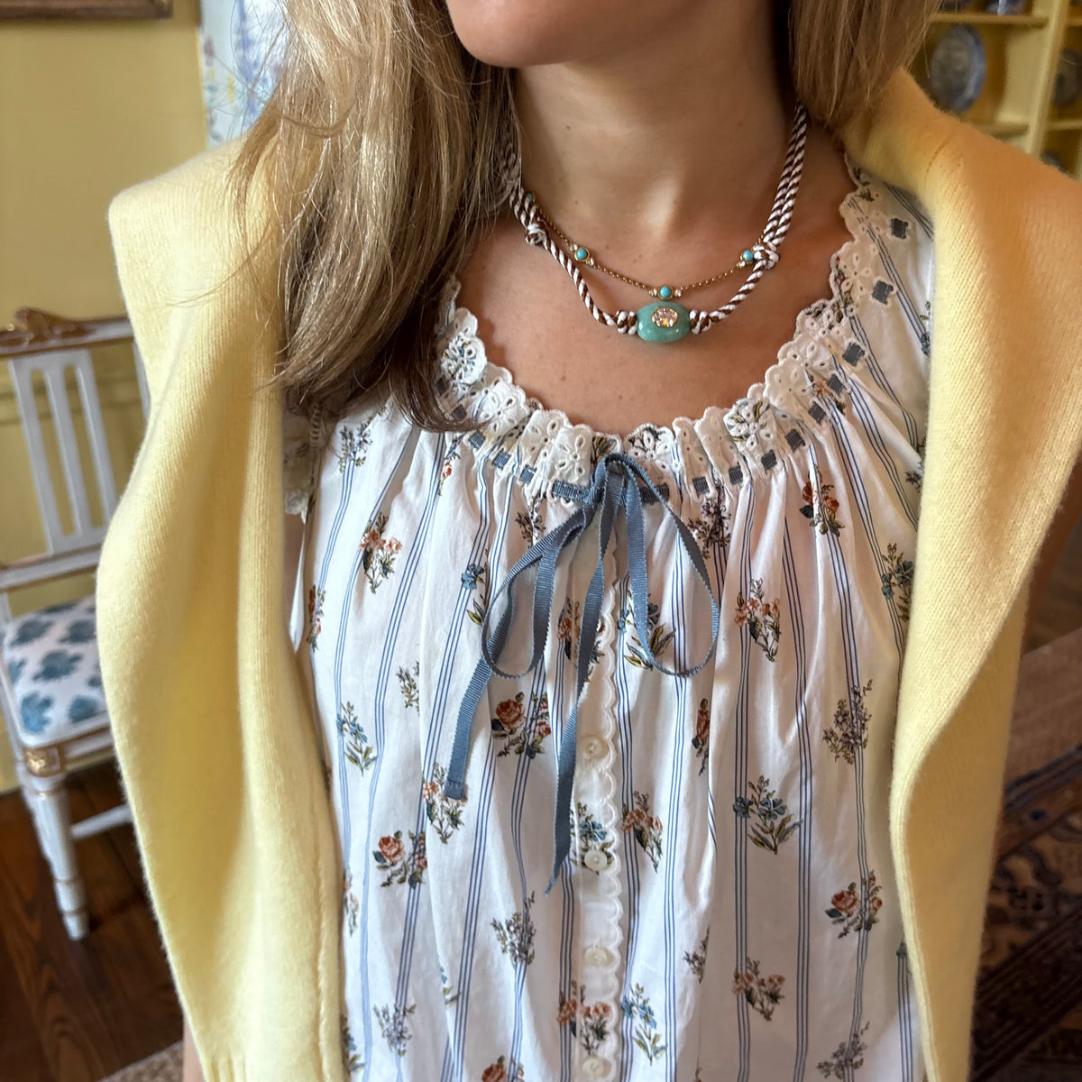 Brown stripe cord necklace with blue Amazonite stone