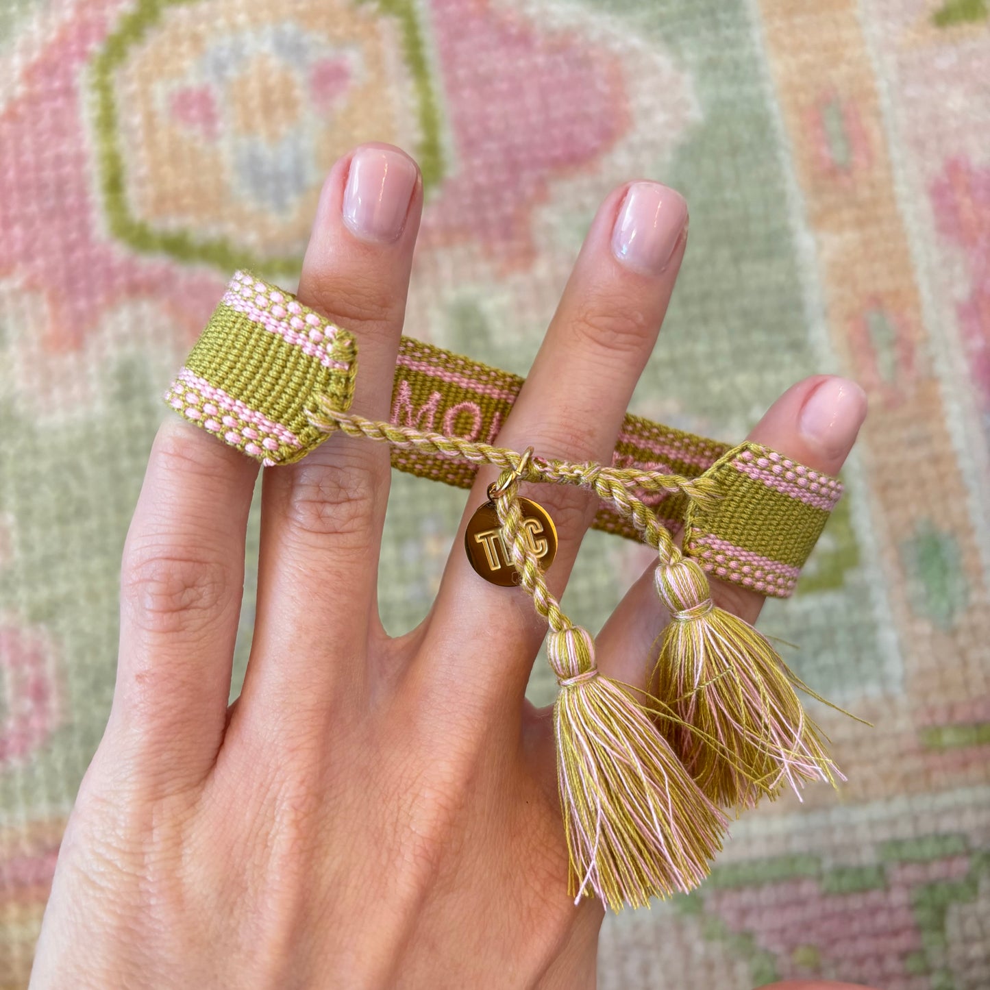 Girl mom chartreuse and pink tassel bracelet