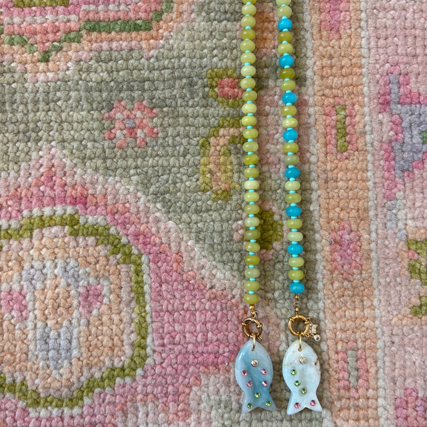 fancy fish # 2 chartreuse and blue beaded necklace