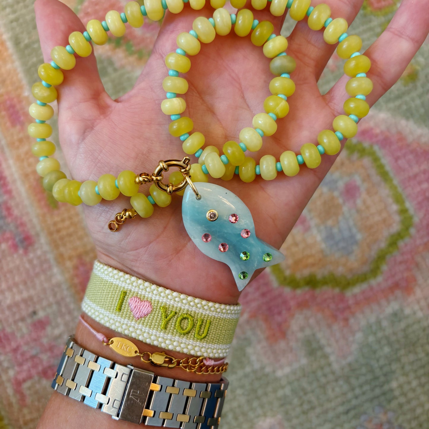 fancy fish chartreuse stone necklace
