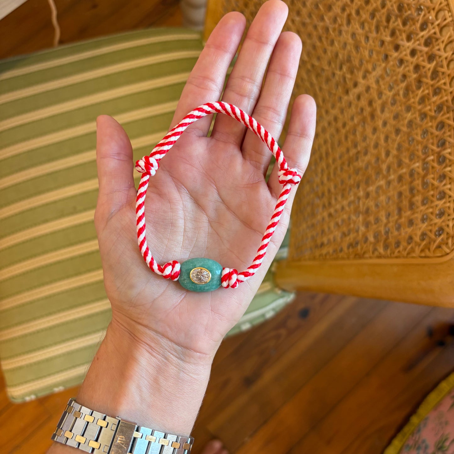 Red stripe cord anklet with amazonite stone