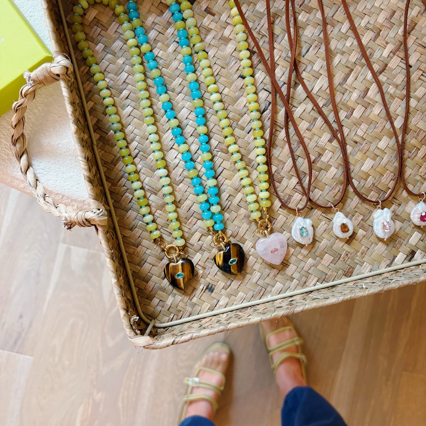 Chartreuse stone necklace with genuine freshwater pearl charm