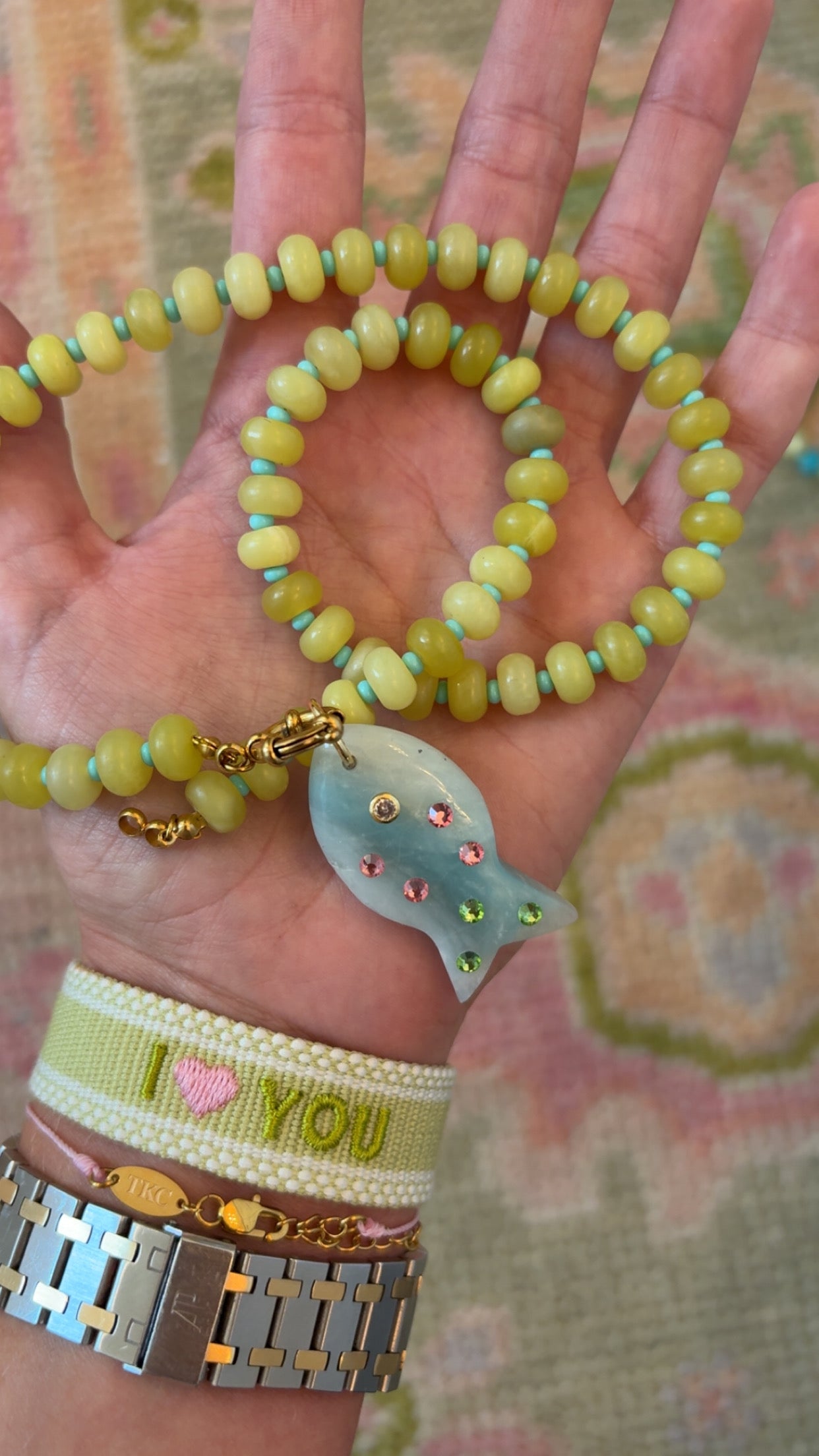 fancy fish chartreuse stone necklace