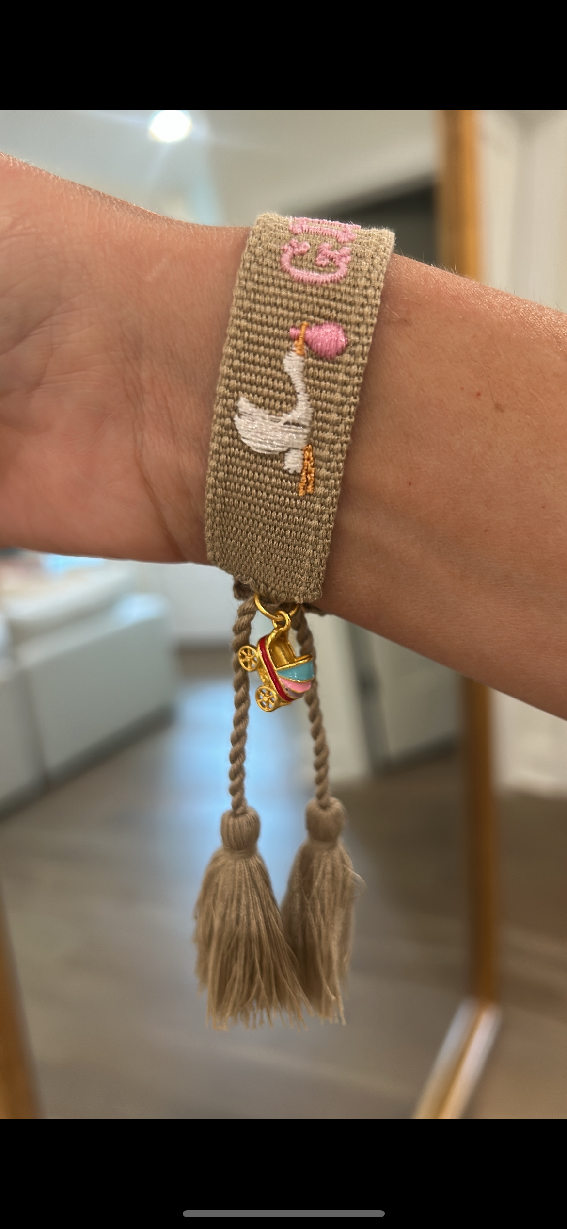 Girl mom with stork tassel bracelet