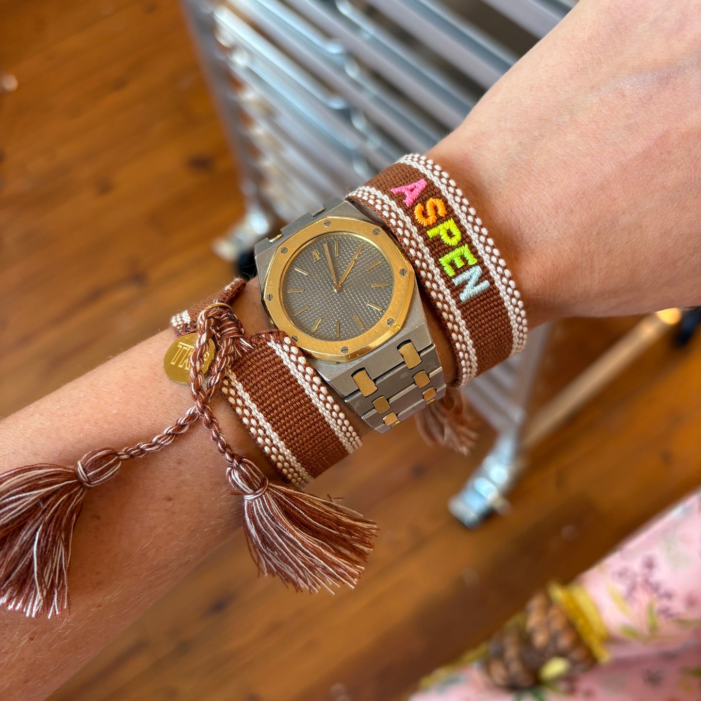 Aspen embroidered tassel bracelet chocolate brown