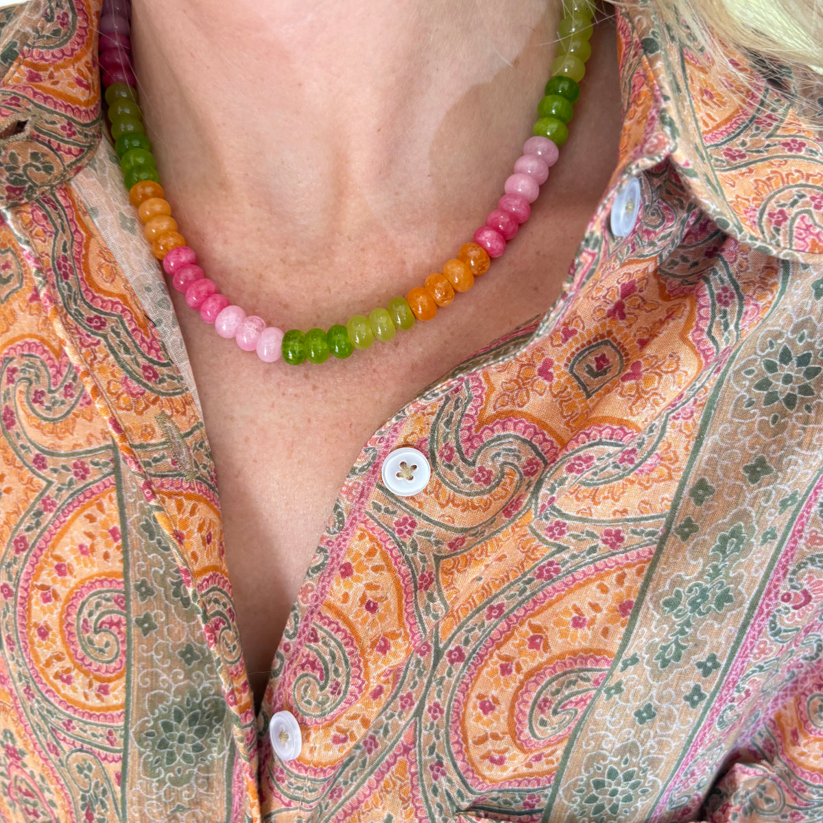 Orange green and pink stone necklace