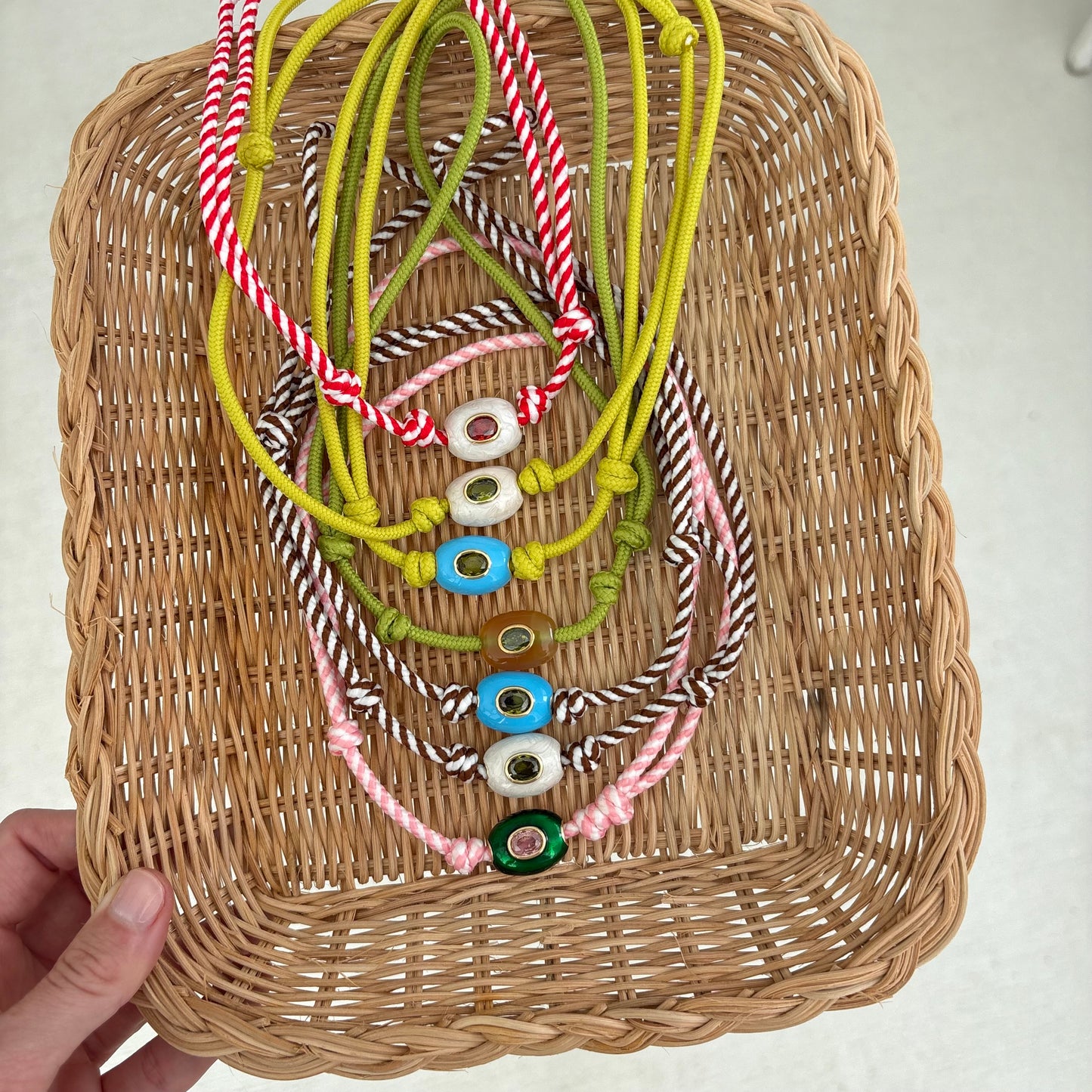 Chartreuse cord necklace with white stone