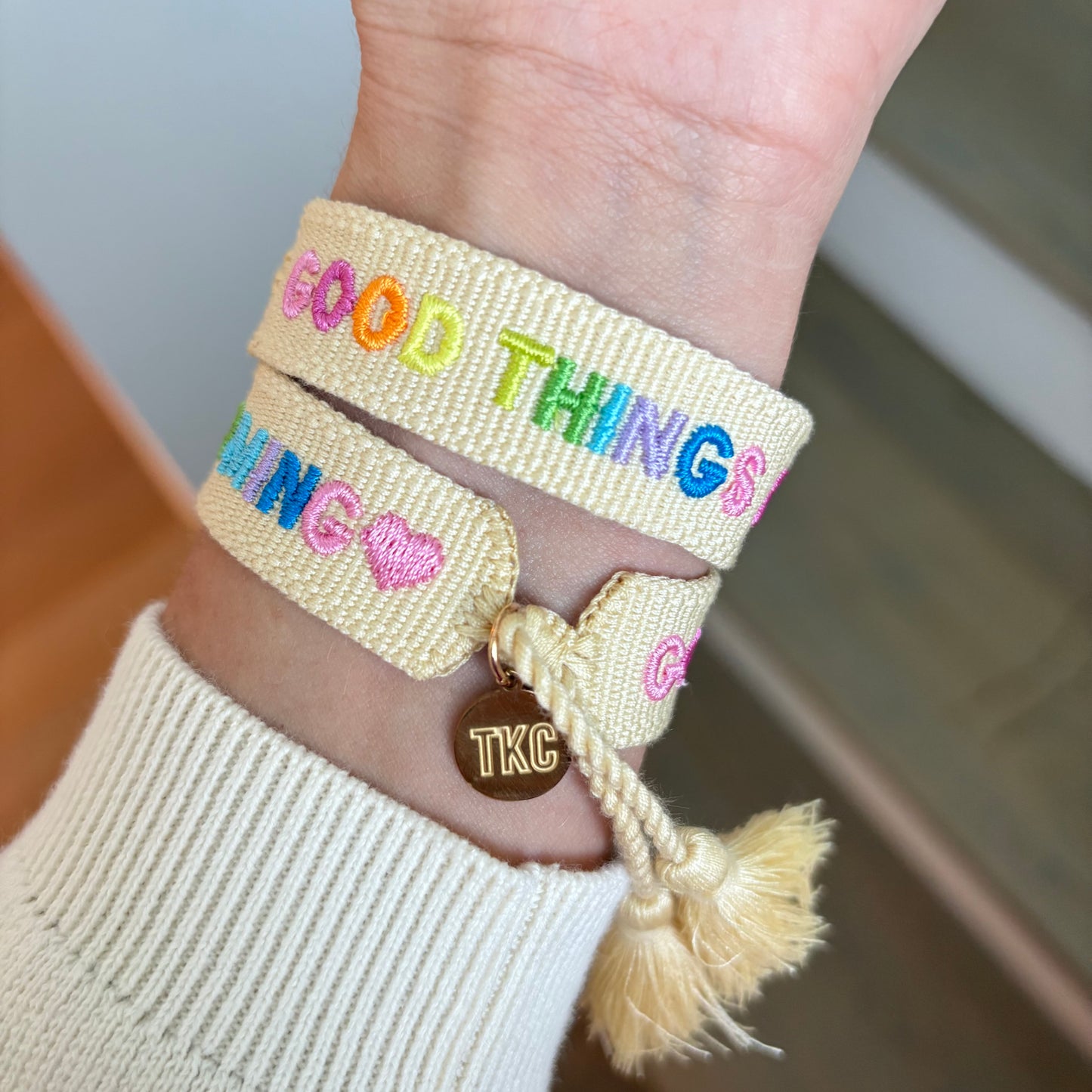 Good things are coming embroidered tassel bracelet
