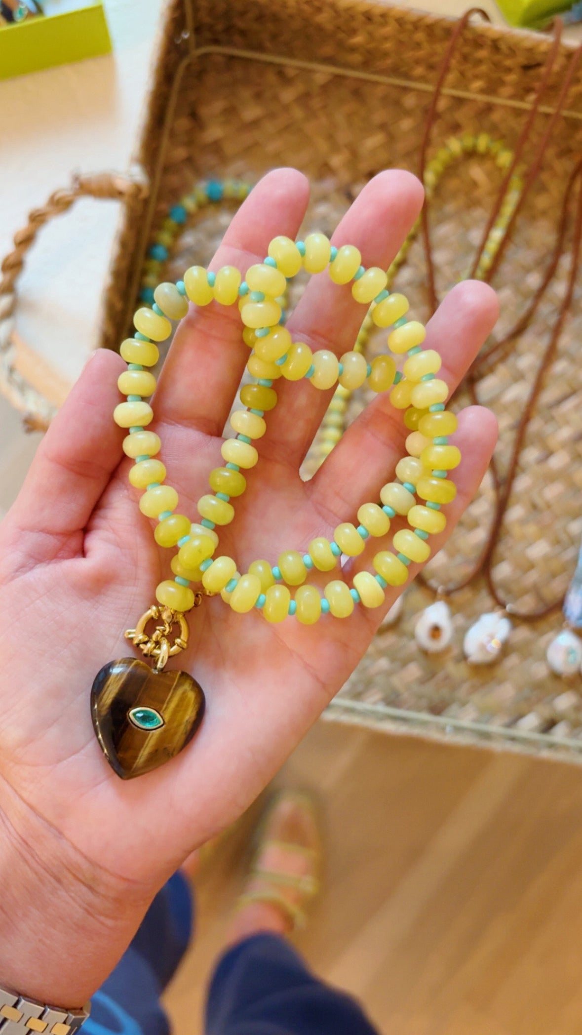 Chartreuse stone necklace with tigers eye heart charm