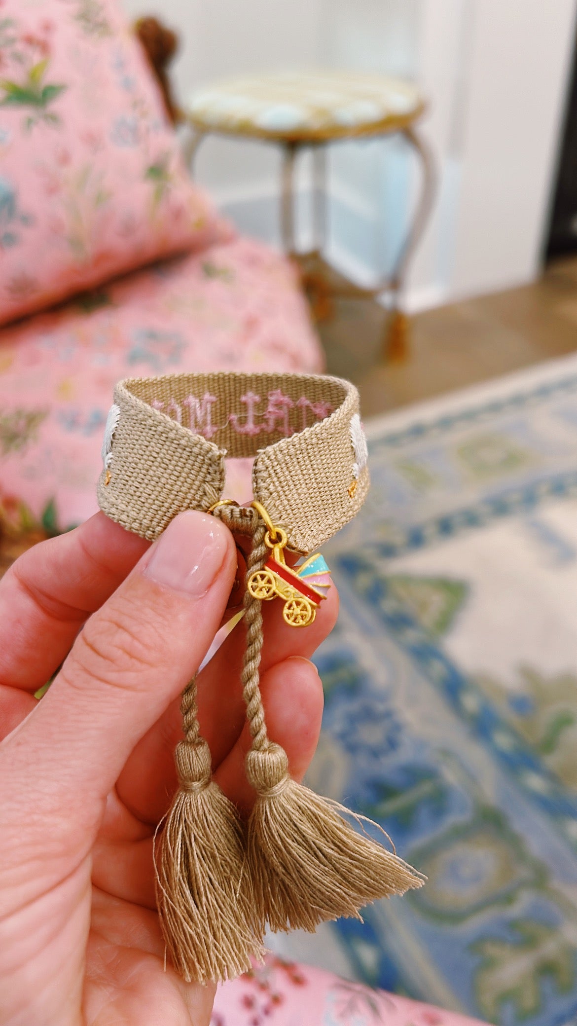 Girl mom with stork tassel bracelet