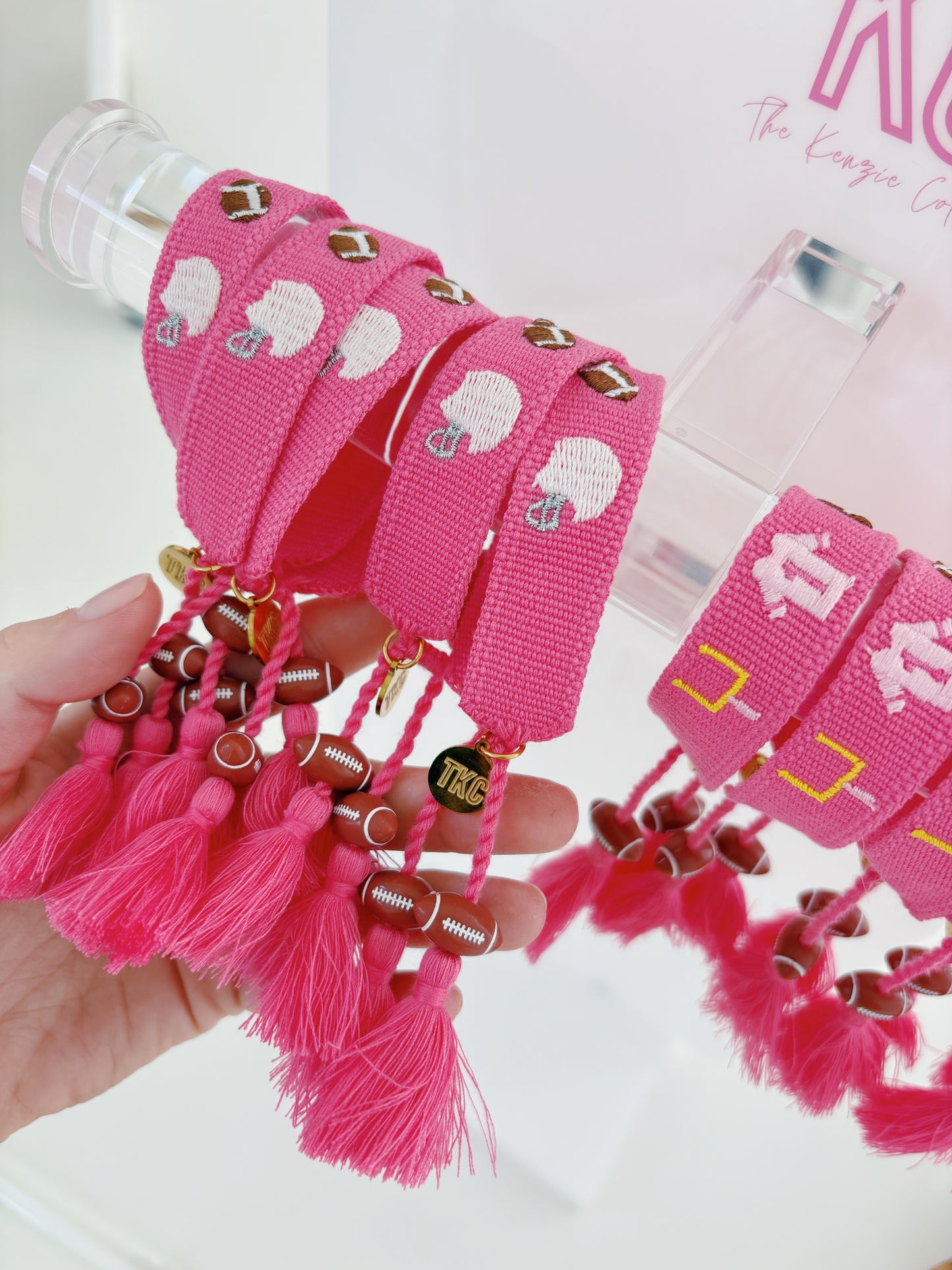 Game day charm embroidered tassel bracelet with football charms