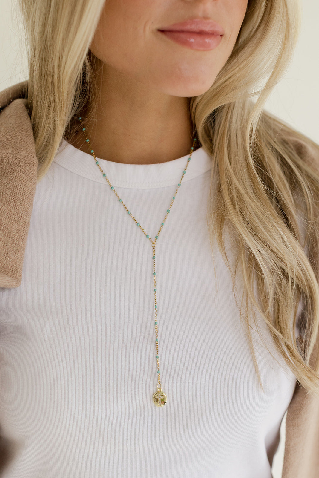 Elizabeth cross lariat necklace