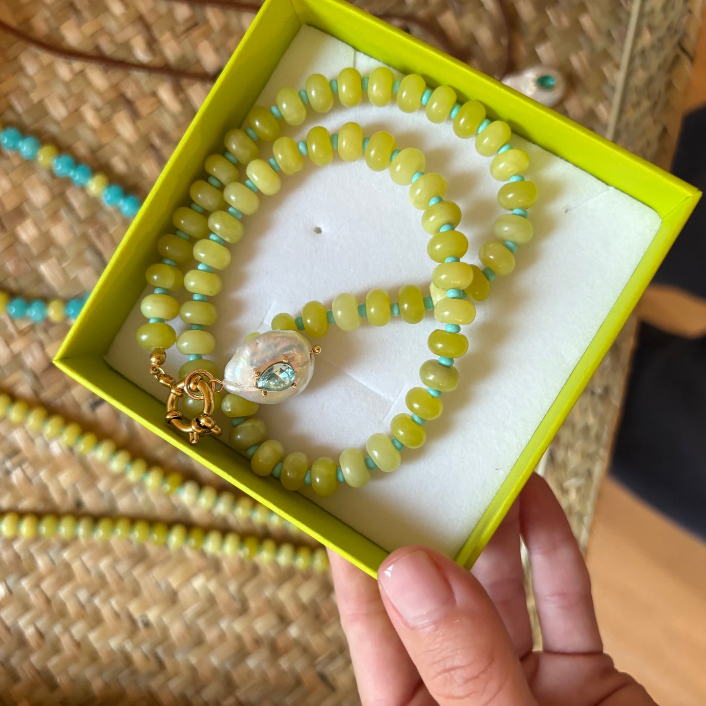 Chartreuse stone necklace with genuine freshwater pearl charm