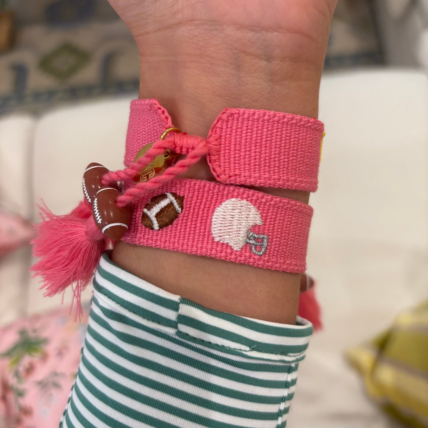 Game day charm embroidered tassel bracelet with football charms