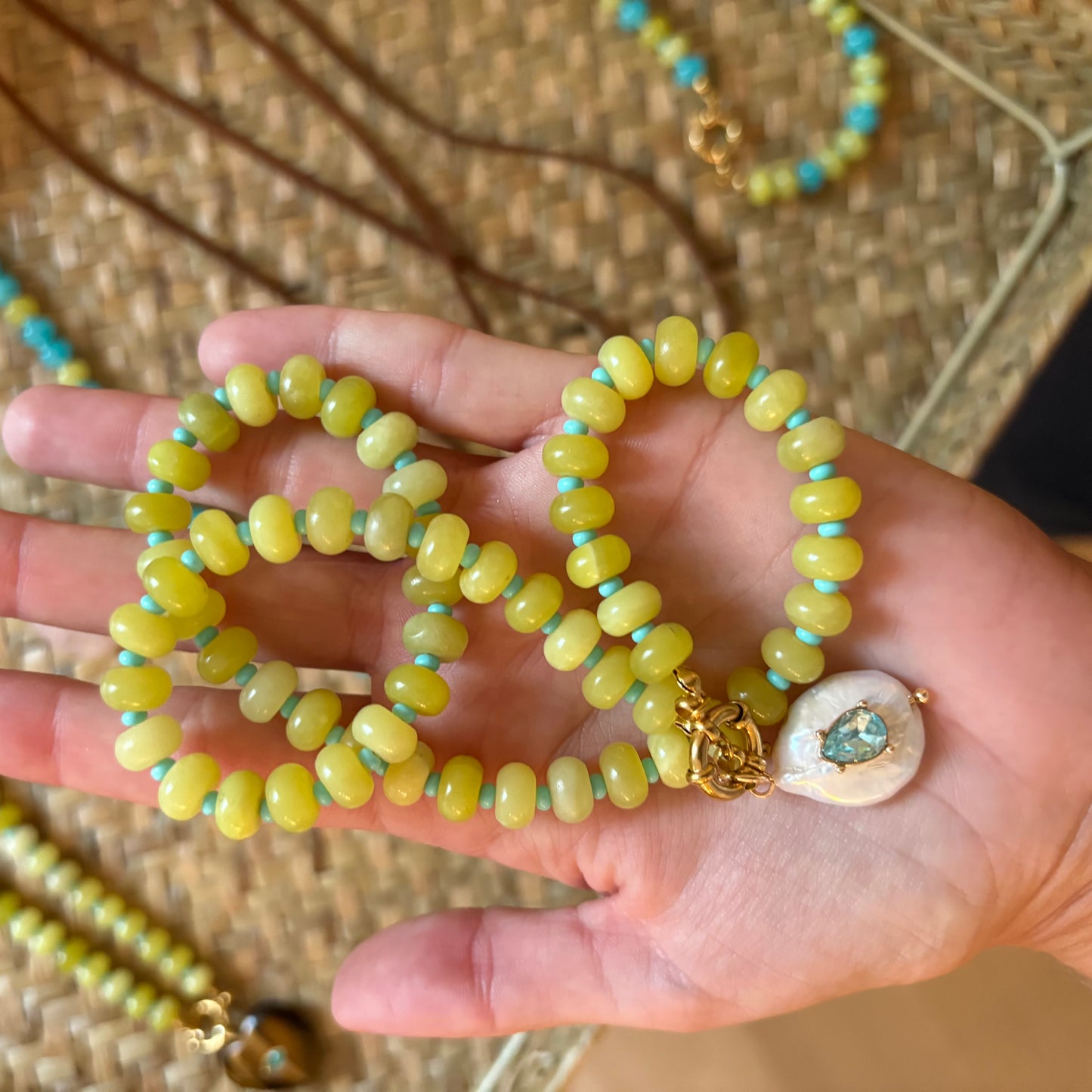 Chartreuse stone necklace with genuine freshwater pearl charm