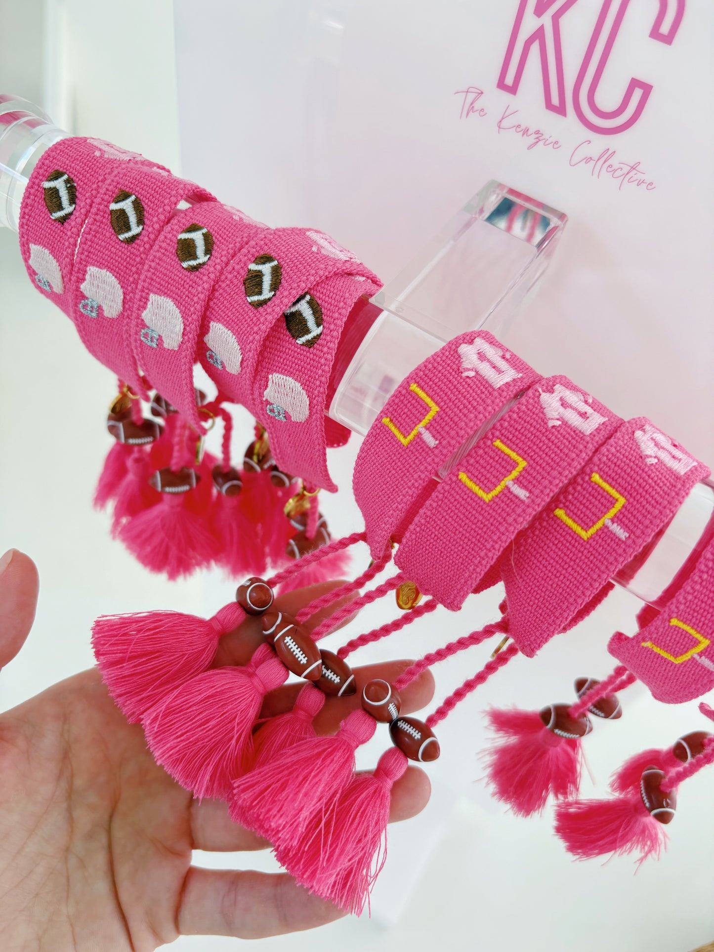 Game day charm embroidered tassel bracelet with football charms