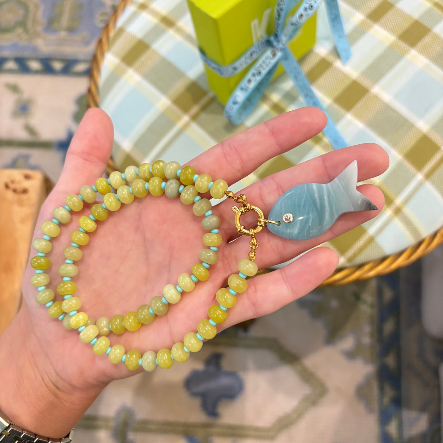 Francesca the fish charm necklace with chartreuse stones