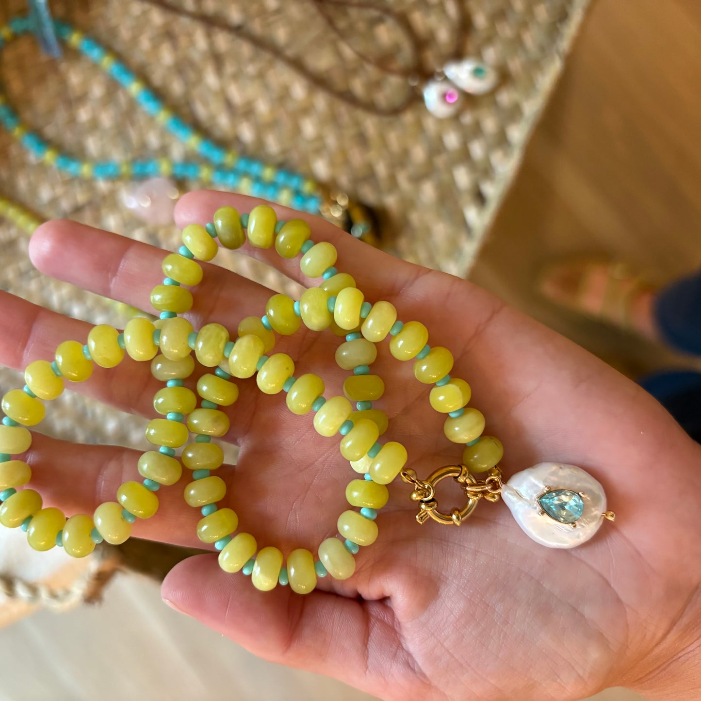 Chartreuse stone necklace with genuine freshwater pearl charm