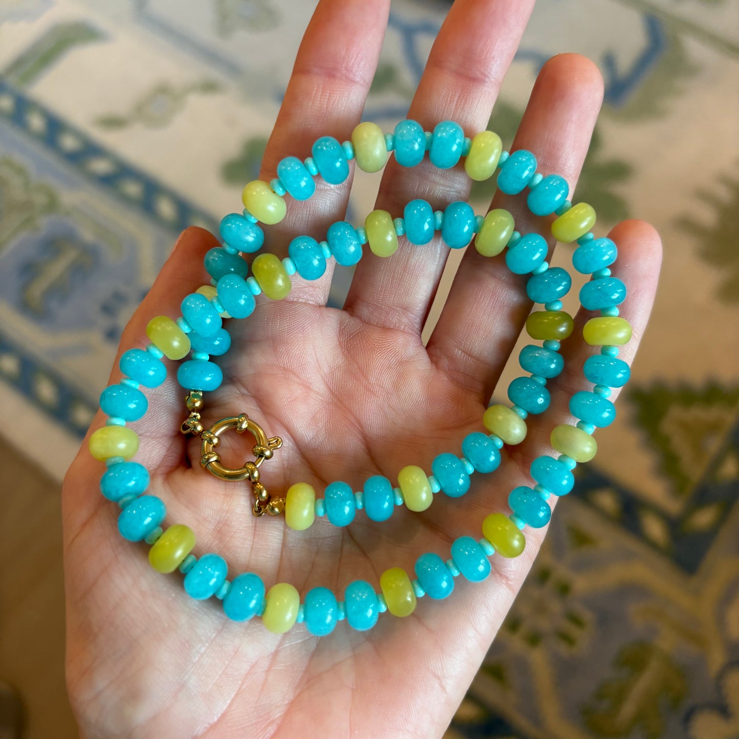 Blue and chartreuse stone necklace