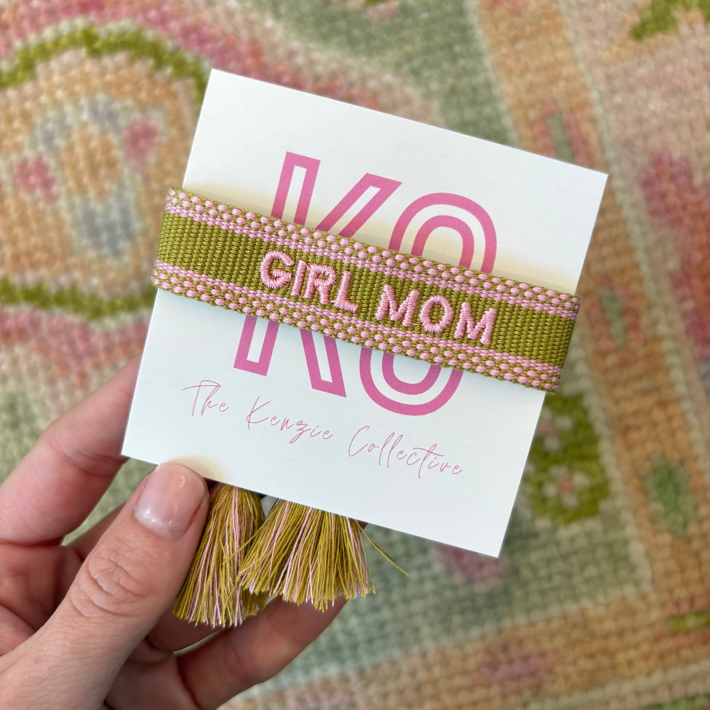 Girl mom chartreuse and pink tassel bracelet