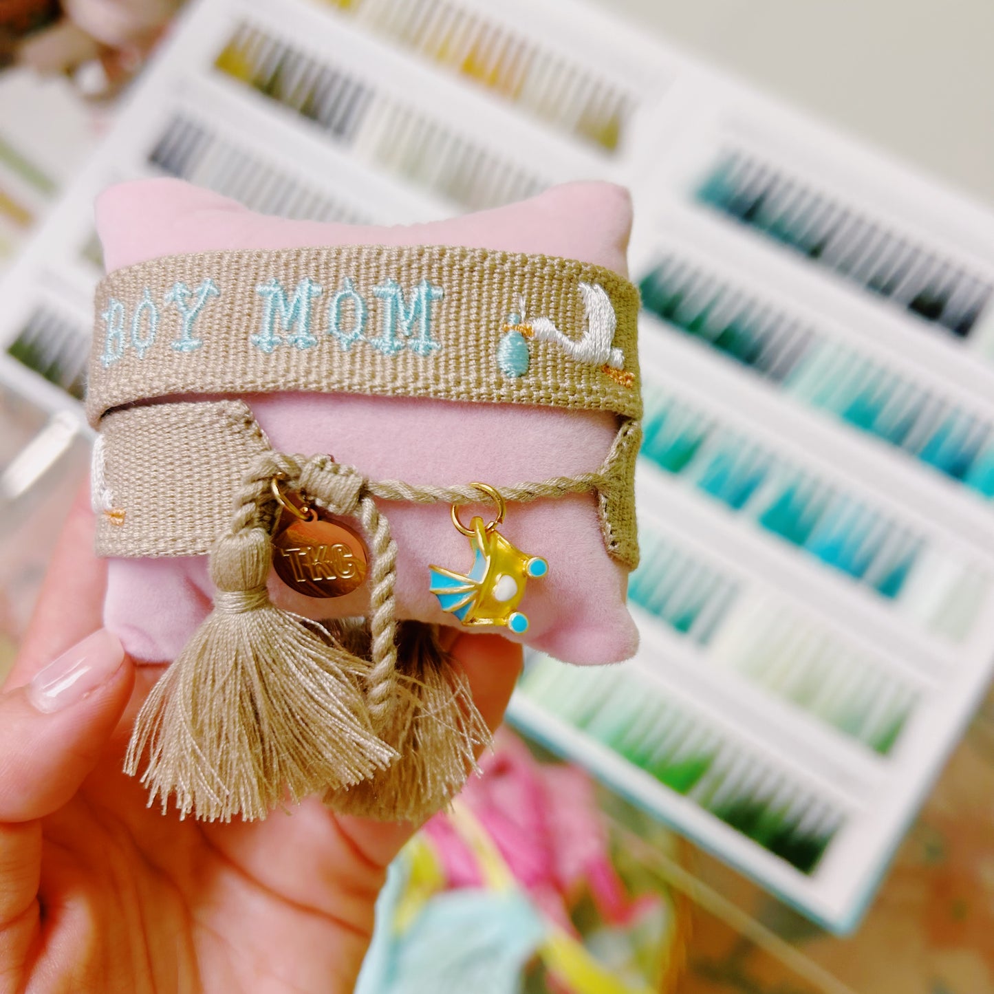 Boy mom with stork tassel bracelet