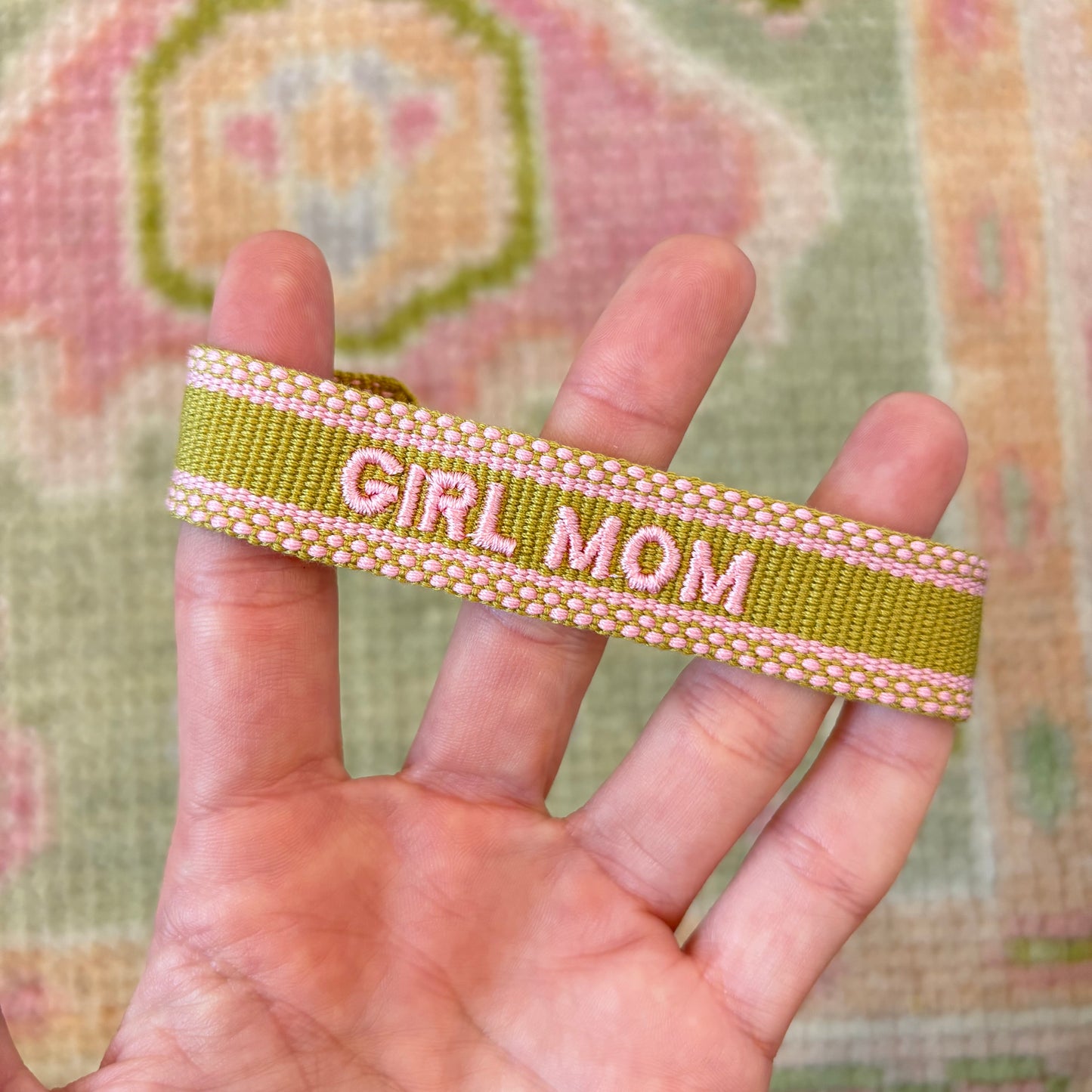 Girl mom chartreuse and pink tassel bracelet