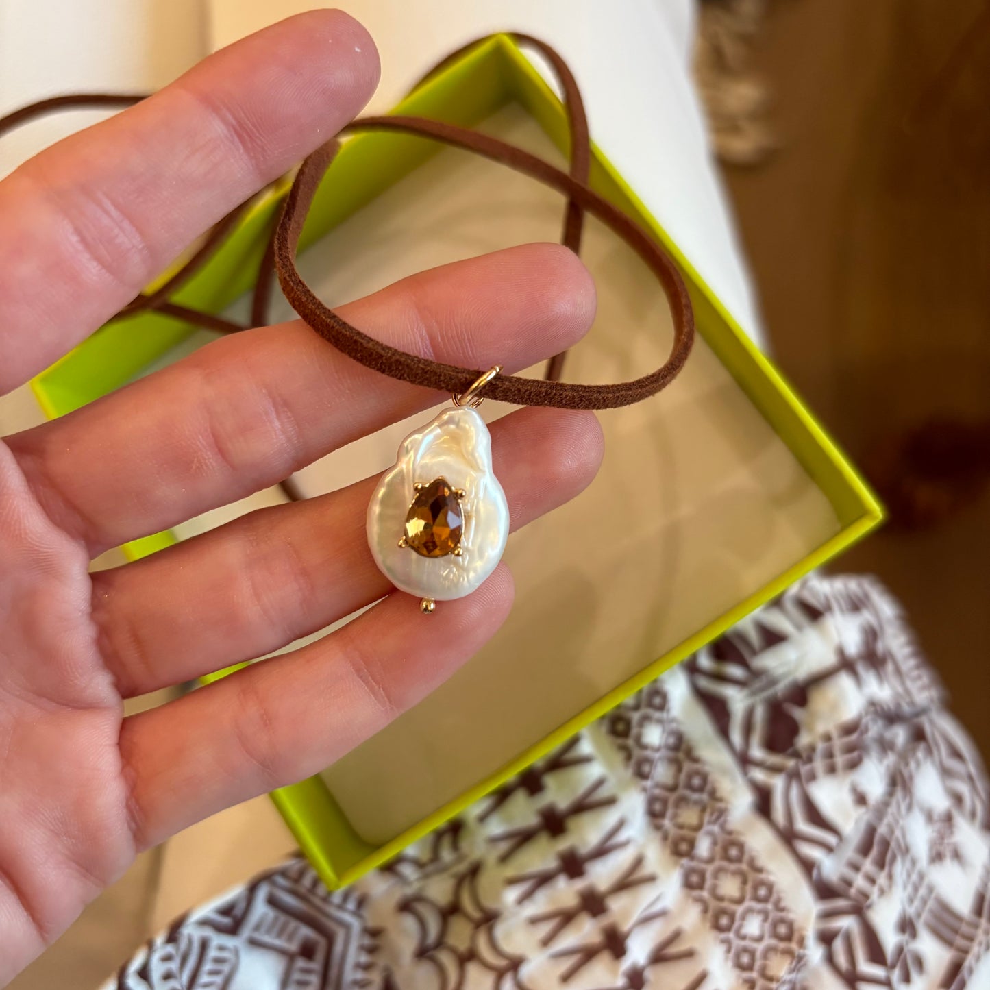 Freshwater pearl necklace with brown stone