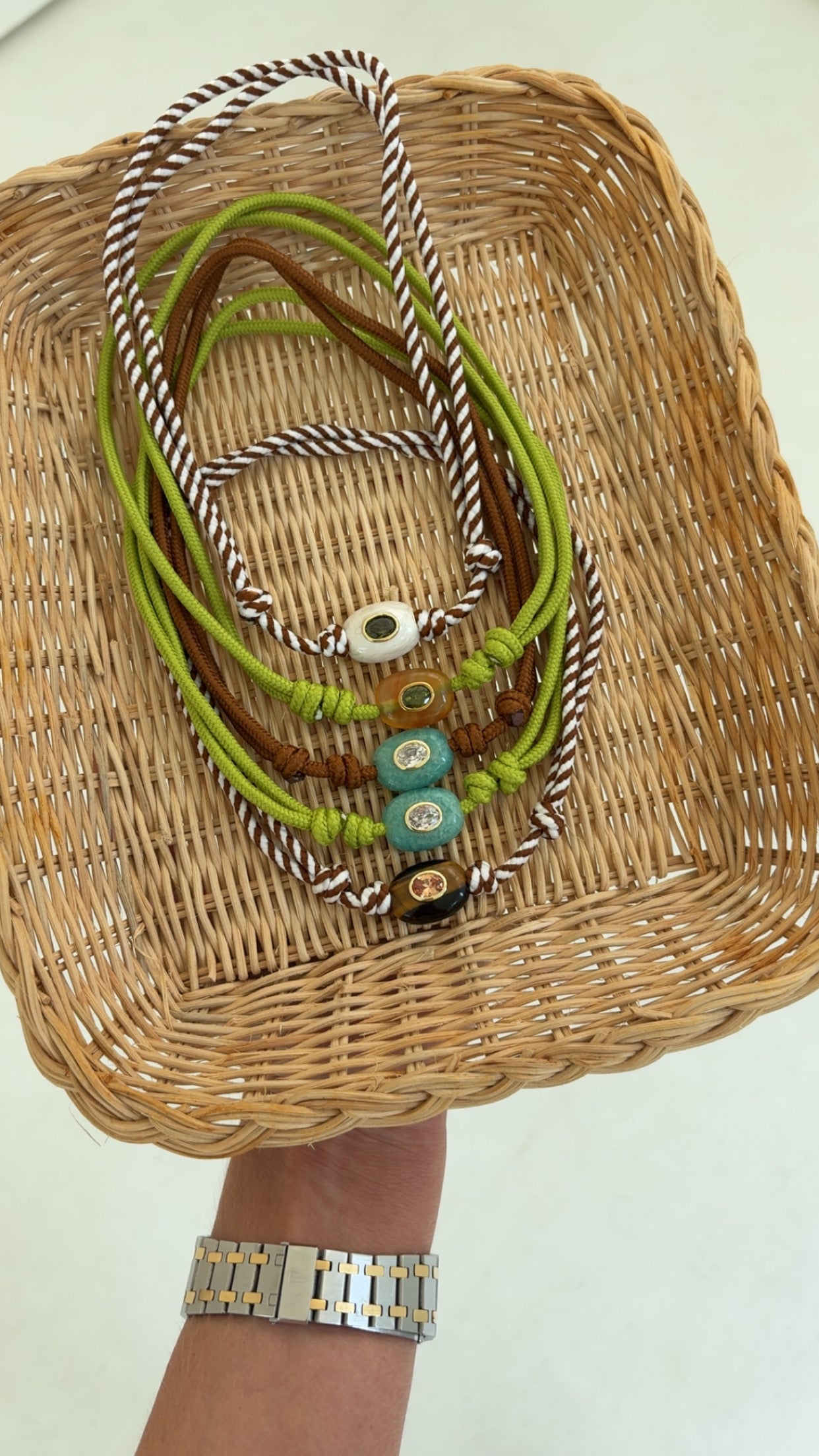 Brown stripe cord necklace with natural brown stone