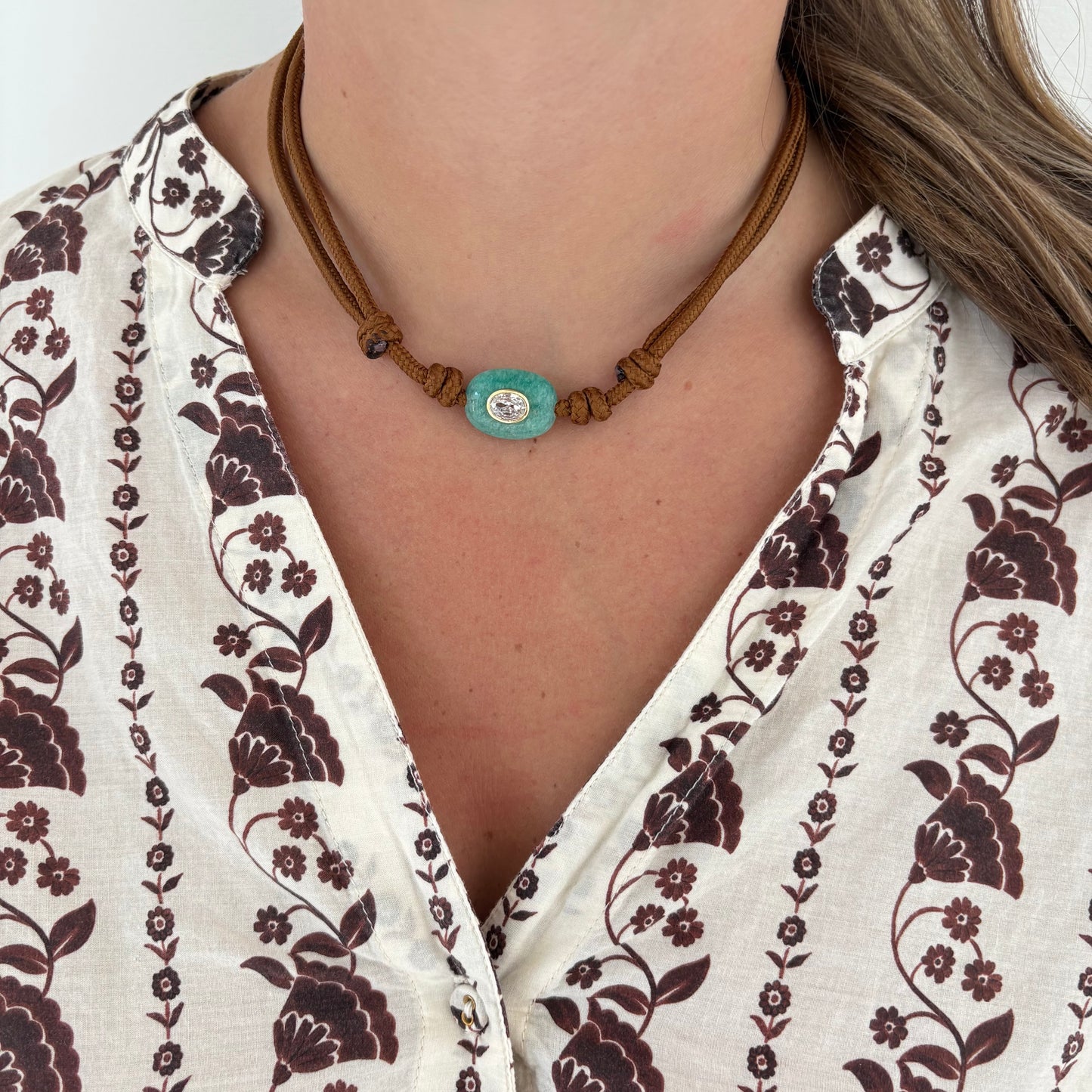 Chocolate brown cord necklace with blue Amazonite stone