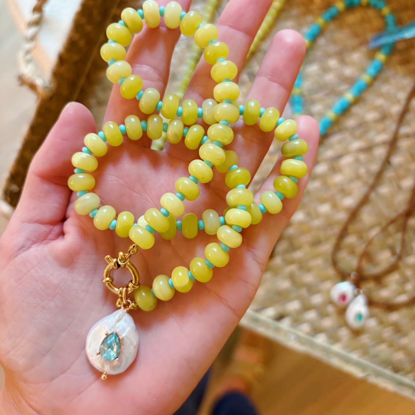 Chartreuse stone necklace with genuine freshwater pearl charm