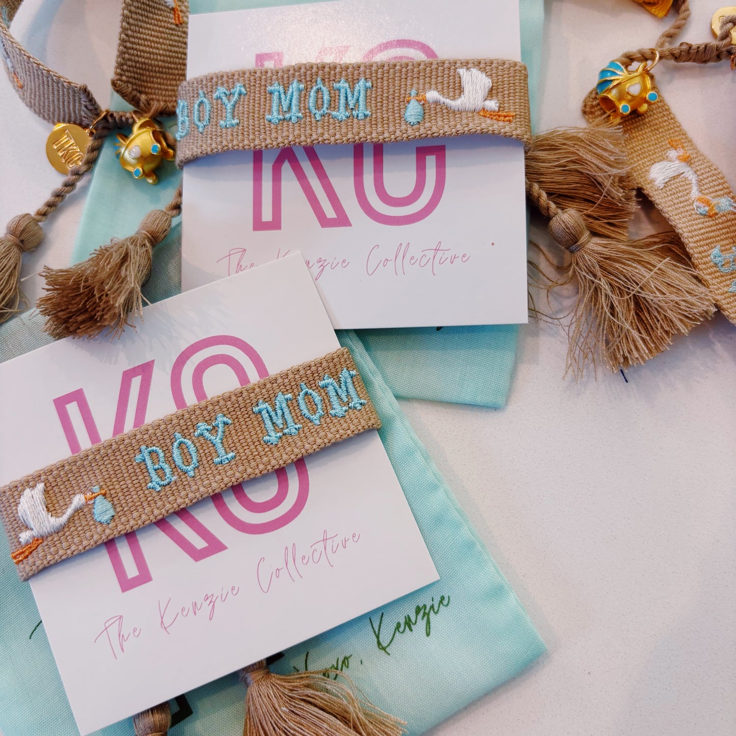 Boy mom embroidered with stork tassel bracelet