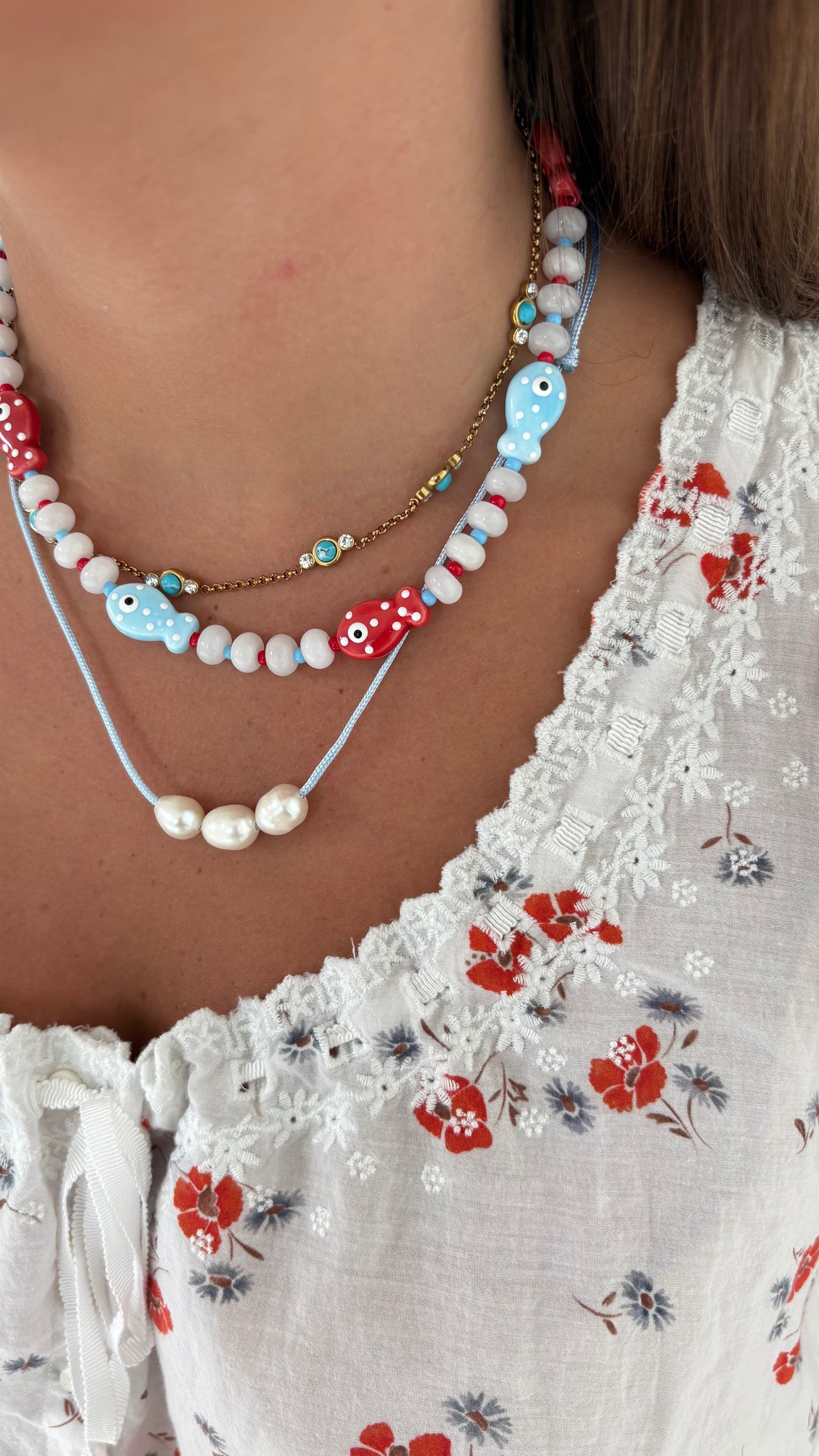 Rosie polka dot fish necklace red and blue