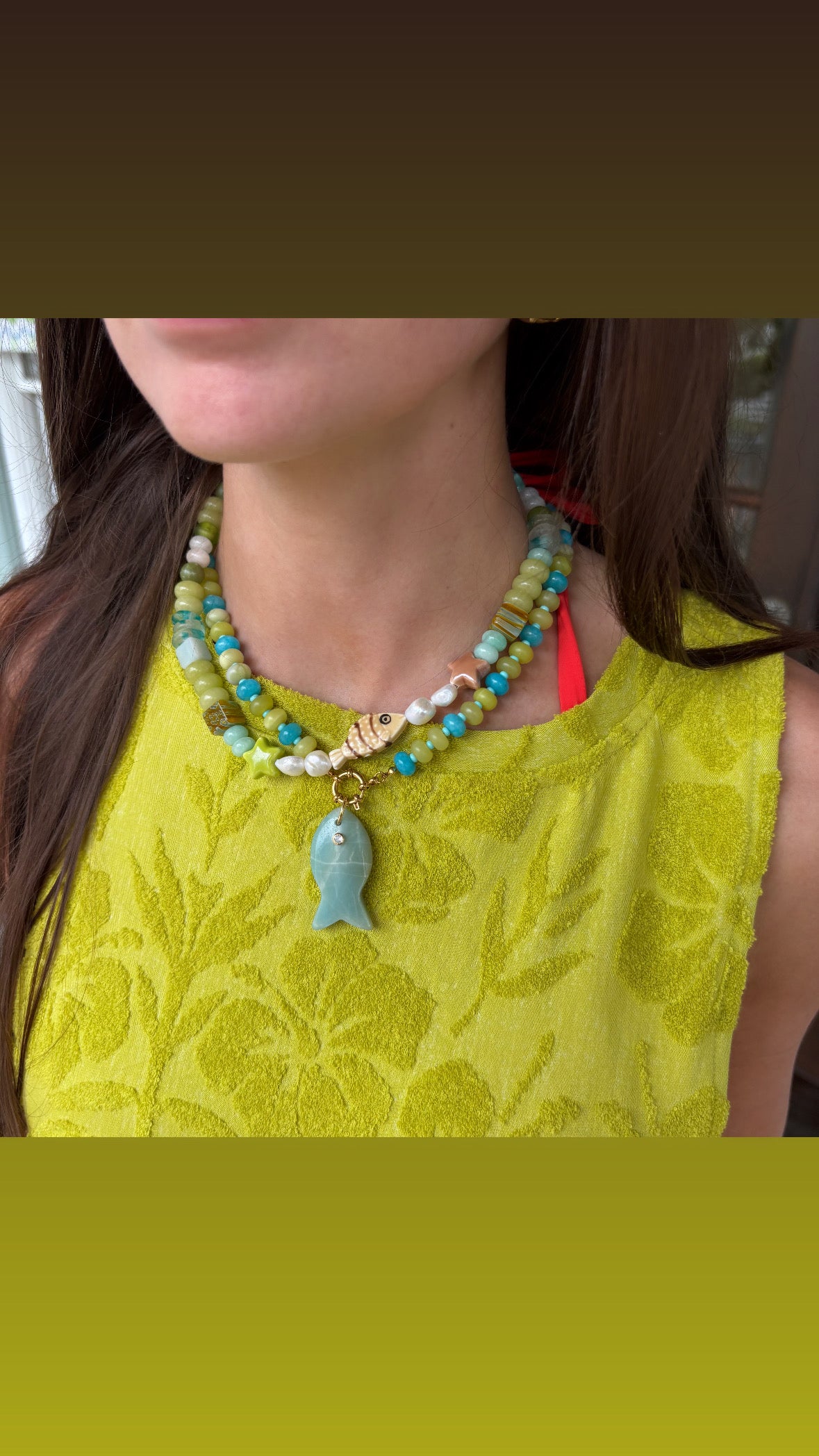 Poppy chartreuse and blue fish necklace