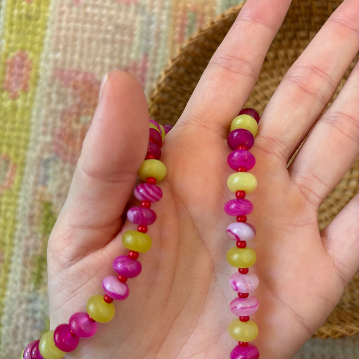 Holly necklace pink and chartreuse stone