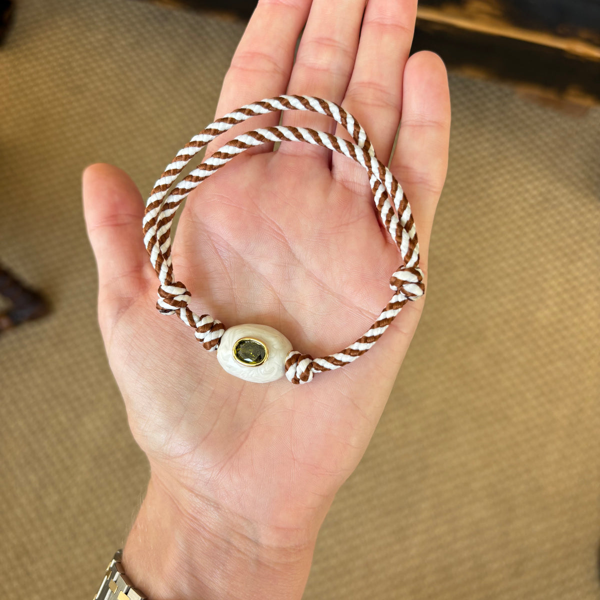 Brown stripe cord anklet / bracelet with white stone