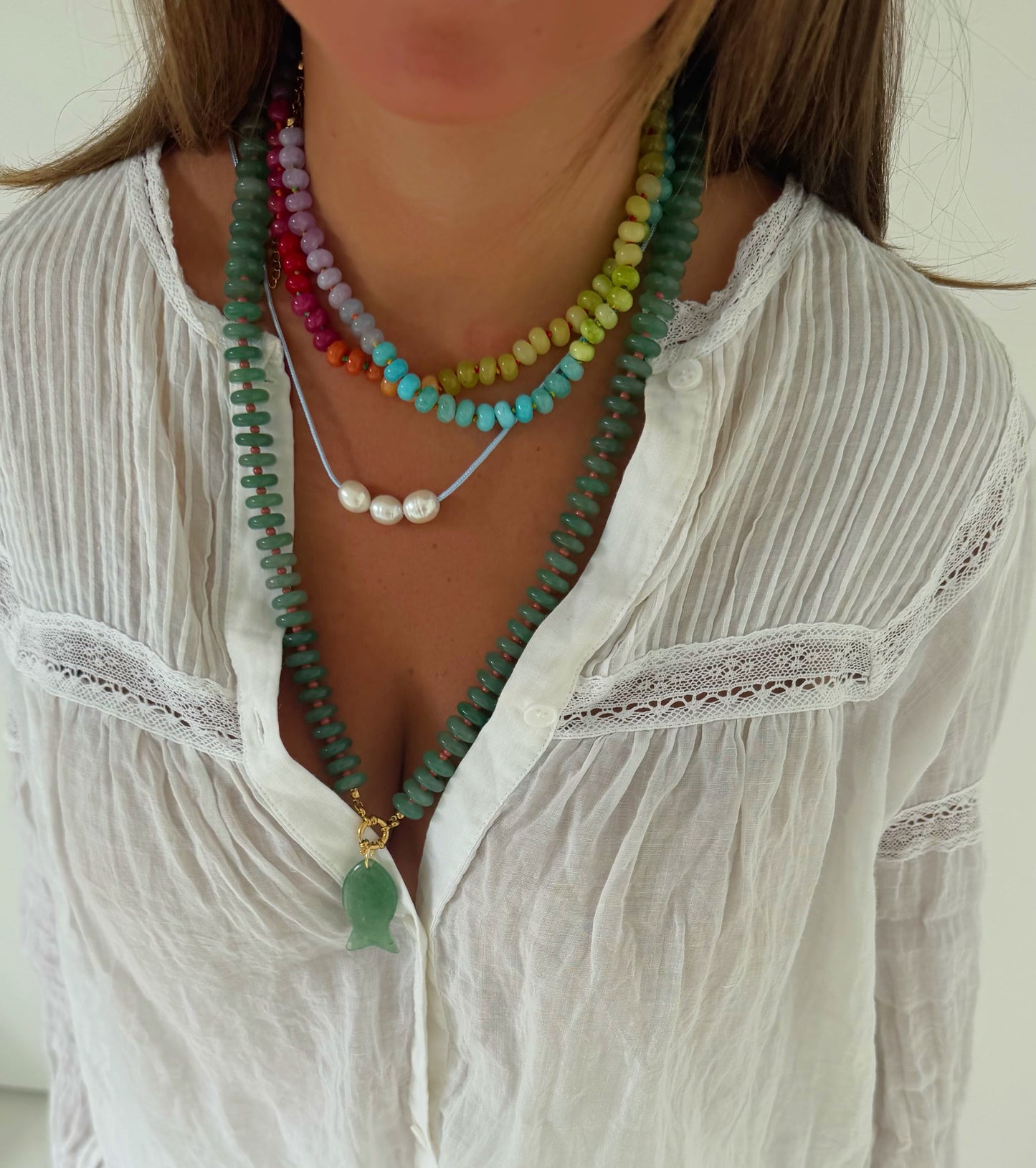 Catch of the day long necklace with green fish charm