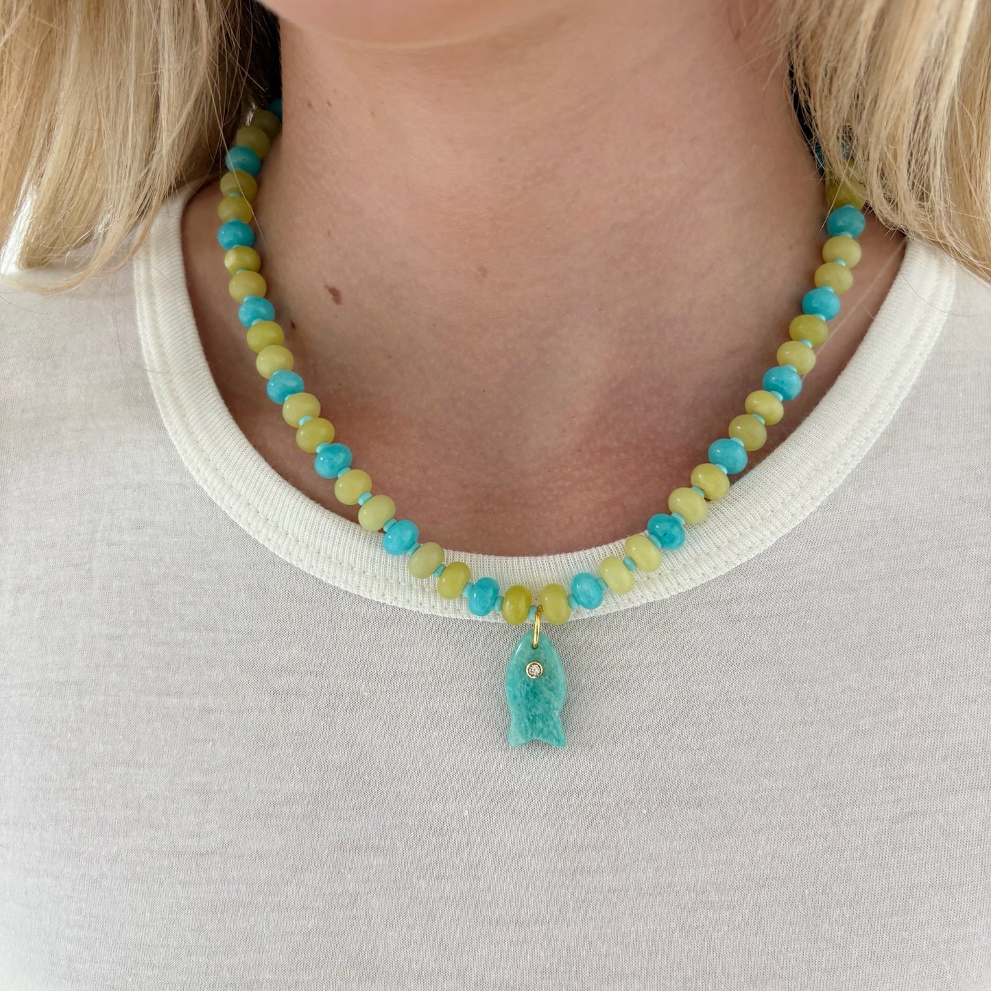 Lala fish necklace chartrteuse and blue