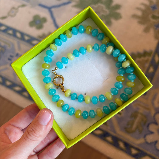 Blue and chartreuse stone necklace