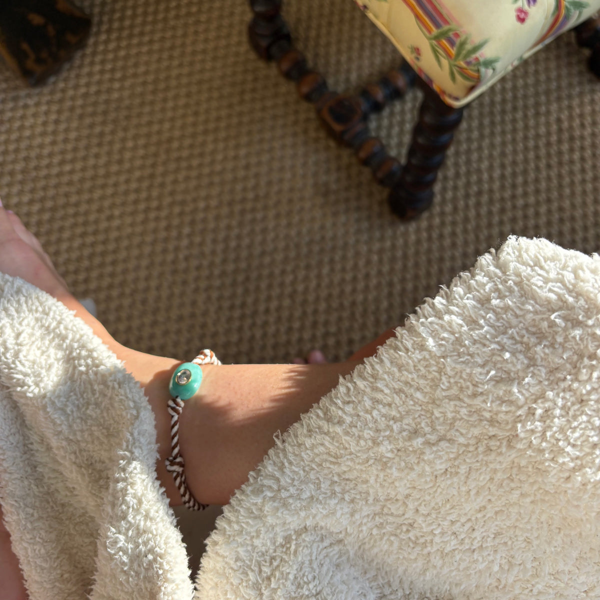 Brown stripe cord anklet and bracelet with amazonite stone