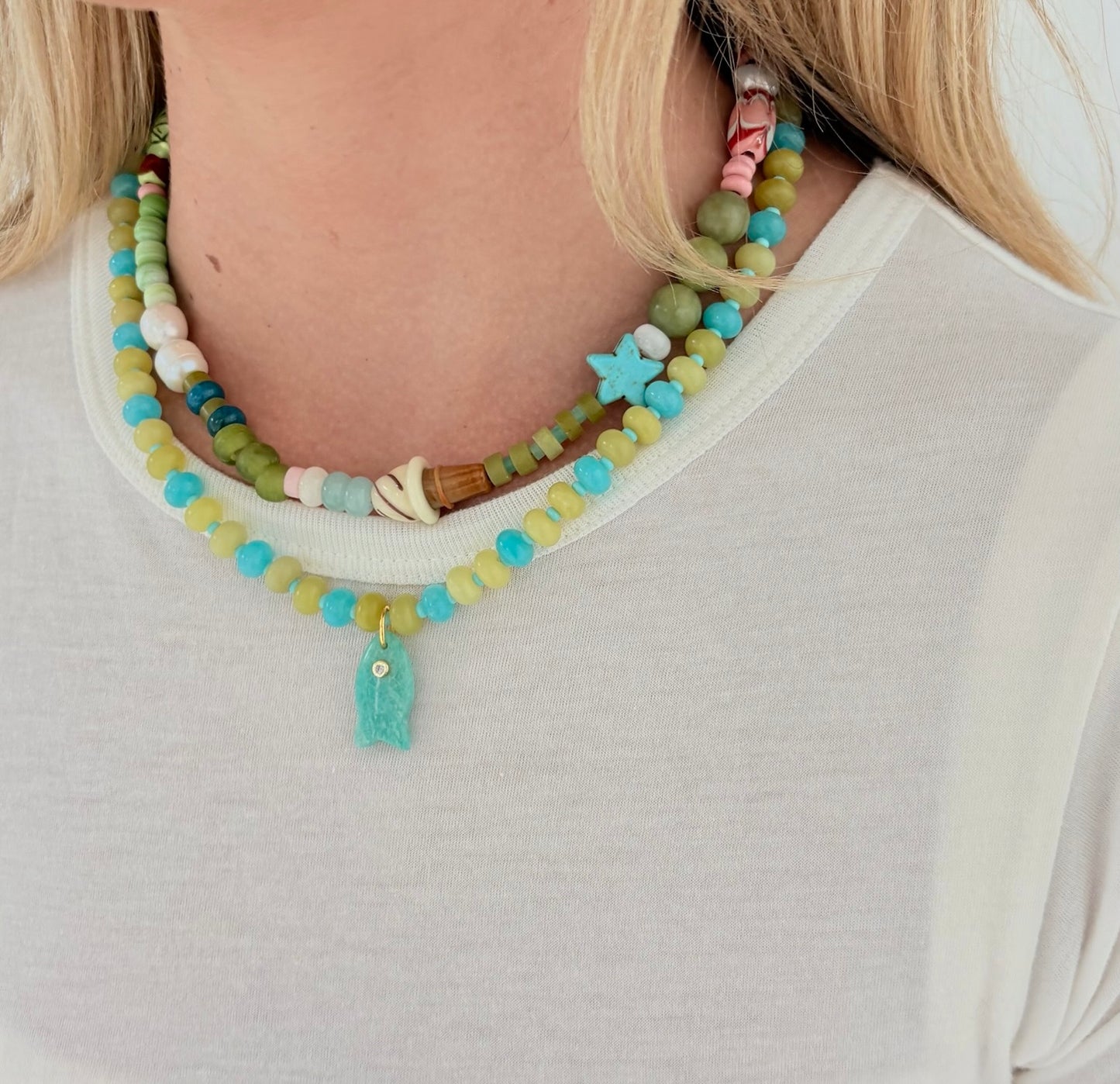 Lala fish necklace chartrteuse and blue