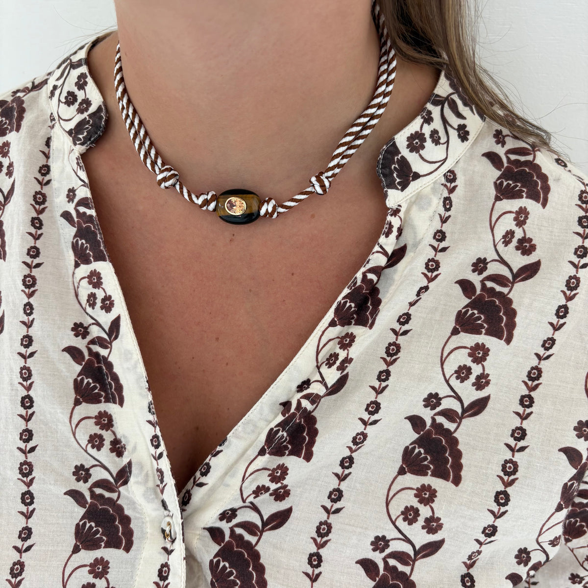 Brown stripe cord necklace with natural brown stone