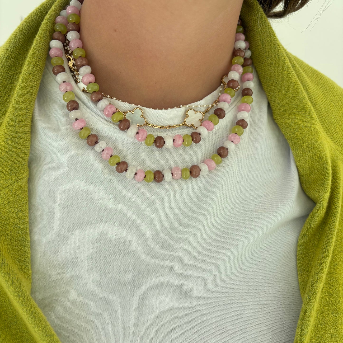 Celia hand knotted necklace chartreuse brown and pink stones