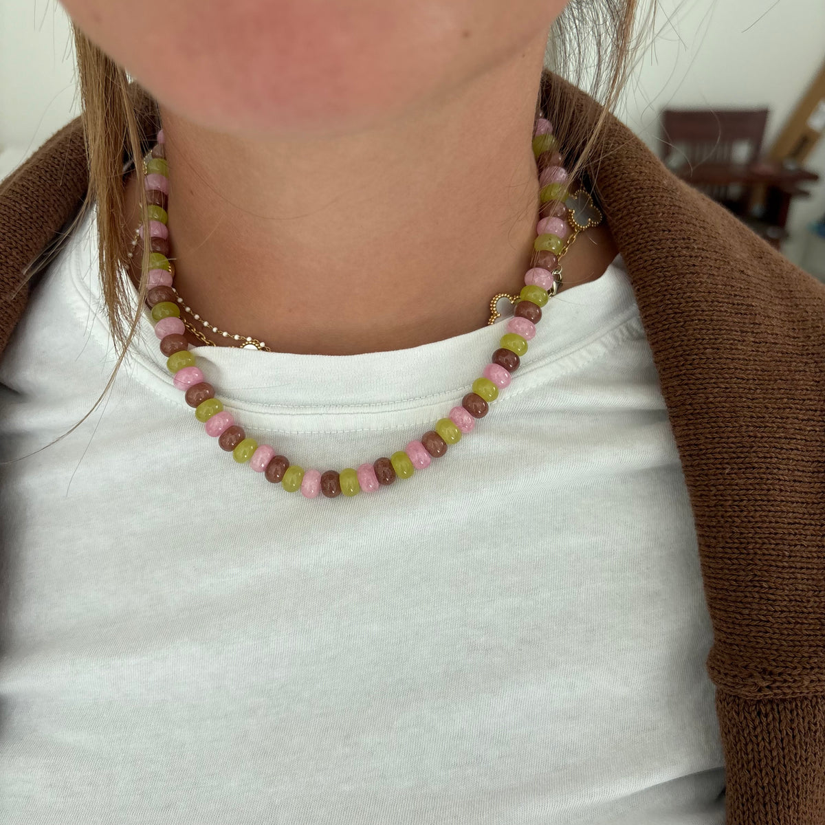 Bennet brown pink and chartreuse necklace